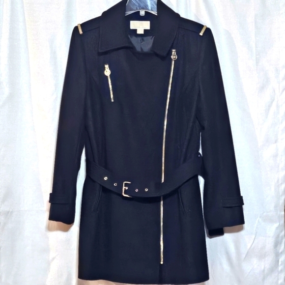 Michael Kors Wool Black Coat Full Zip Coat Gold Accent Size 14 - Picture 1 of 15